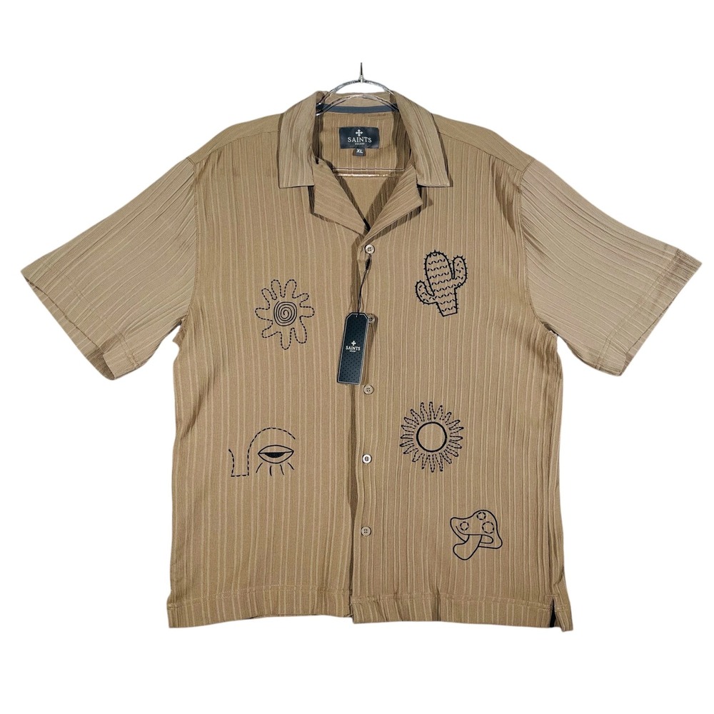Saints Studio Men's Camp Shirt Embroidered XL Taupe Textured Fabric NWT